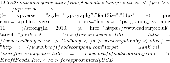 1.65 billion to enlarge revenues from global advertising services. </pre> <!-- /wp:verse -->  <!-- wp:verse {"style":{"typography":{"fontSize":"14px"}}} --> <pre class="wp-block-verse" style="font-size:14px"><strong>Example 11: </strong>In 2010, <a href="https://www.cadbury.co.uk" target="_blank" rel="noreferrer noopener" title="https://www.cadbury.co.uk">Cadbury</a> was bought out by <a href="http://www.kraftfoodscompany.com" target="_blank" rel="noreferrer noopener" title="www.kraftfoodscompany.com">Kraft Foods, Inc.</a> for approximately USD