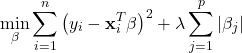 \[\min_{\beta} \sum_{i=1}^{n} \left( y_i - \mathbf{x}_i^T \beta \right)^2 + \lambda \sum_{j=1}^{p} \vert{}\beta_j\vert{}\]