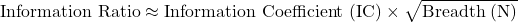 \[\text{Information Ratio} \approx \text{Information Coefficient (IC)} \times \sqrt{\text{Breadth (N)}}\]