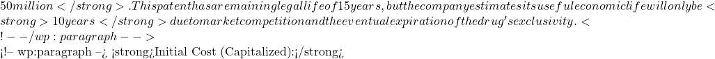50 million</strong>. This patent has a remaining legal life of 15 years, but the company estimates its useful economic life will only be <strong>10 years</strong> due to market competition and the eventual expiration of the drug's exclusivity. <!-- /wp:paragraph -->  <!-- wp:paragraph --> <strong>Initial Cost (Capitalized):</strong>