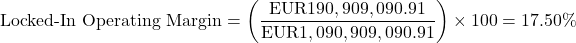 \[\text{Locked-In Operating Margin} = \left( \frac{\text{EUR}190,909,090.91}{\text{EUR}1,090,909,090.91} \right) \times 100 = 17.50\%\]