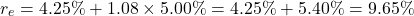 \[r_e = 4.25\% + 1.08 \times 5.00\% = 4.25\% + 5.40\% = 9.65\%\]