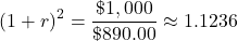 \[(1 + r)^2 = \frac{\$1,000}{\$890.00} \approx 1.1236\]