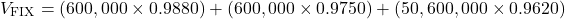 \[V_{\text{FIX}} = (600,000 \times 0.9880) + (600,000 \times 0.9750) + (50,600,000 \times 0.9620)\]