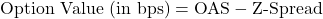 \[\text{Option Value (in bps)} = \text{OAS} - \text{Z-Spread}\]
