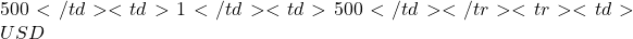 500</td><td>1</td><td>500</td></tr><tr><td>USD