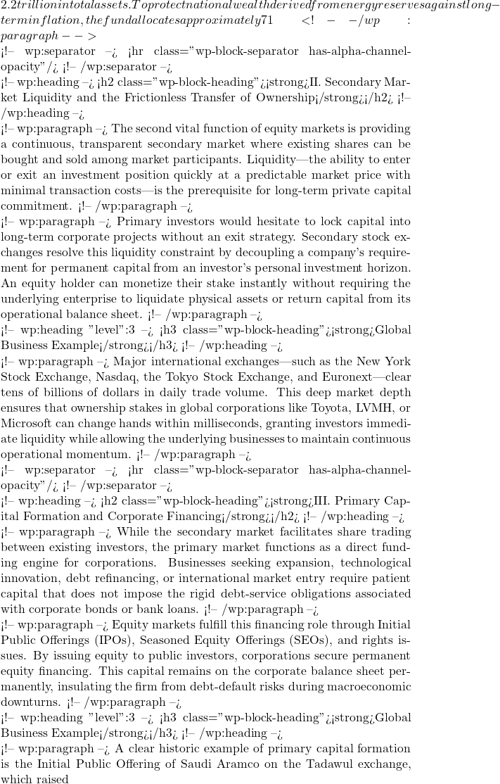 2.2 trillion in total assets. To protect national wealth derived from energy reserves against long-term inflation, the fund allocates approximately 71% of its portfolio directly into publicly listed equities, holding shares across more than 9,000 listed companies worldwide. This structure illustrates how public stock markets allow capital from national savings to be deployed directly into global commercial enterprise. <!-- /wp:paragraph -->  <!-- wp:separator --> <hr class="wp-block-separator has-alpha-channel-opacity"/> <!-- /wp:separator -->  <!-- wp:heading --> <h2 class="wp-block-heading"><strong>II. Secondary Market Liquidity and the Frictionless Transfer of Ownership</strong></h2> <!-- /wp:heading -->  <!-- wp:paragraph --> The second vital function of equity markets is providing a continuous, transparent secondary market where existing shares can be bought and sold among market participants. Liquidity—the ability to enter or exit an investment position quickly at a predictable market price with minimal transaction costs—is the prerequisite for long-term private capital commitment. <!-- /wp:paragraph -->  <!-- wp:paragraph --> Primary investors would hesitate to lock capital into long-term corporate projects without an exit strategy. Secondary stock exchanges resolve this liquidity constraint by decoupling a company's requirement for permanent capital from an investor's personal investment horizon. An equity holder can monetize their stake instantly without requiring the underlying enterprise to liquidate physical assets or return capital from its operational balance sheet. <!-- /wp:paragraph -->  <!-- wp:heading {"level":3} --> <h3 class="wp-block-heading"><strong>Global Business Example</strong></h3> <!-- /wp:heading -->  <!-- wp:paragraph --> Major international exchanges—such as the New York Stock Exchange, Nasdaq, the Tokyo Stock Exchange, and Euronext—clear tens of billions of dollars in daily trade volume. This deep market depth ensures that ownership stakes in global corporations like Toyota, LVMH, or Microsoft can change hands within milliseconds, granting investors immediate liquidity while allowing the underlying businesses to maintain continuous operational momentum. <!-- /wp:paragraph -->  <!-- wp:separator --> <hr class="wp-block-separator has-alpha-channel-opacity"/> <!-- /wp:separator -->  <!-- wp:heading --> <h2 class="wp-block-heading"><strong>III. Primary Capital Formation and Corporate Financing</strong></h2> <!-- /wp:heading -->  <!-- wp:paragraph --> While the secondary market facilitates share trading between existing investors, the primary market functions as a direct funding engine for corporations. Businesses seeking expansion, technological innovation, debt refinancing, or international market entry require patient capital that does not impose the rigid debt-service obligations associated with corporate bonds or bank loans. <!-- /wp:paragraph -->  <!-- wp:paragraph --> Equity markets fulfill this financing role through Initial Public Offerings (IPOs), Seasoned Equity Offerings (SEOs), and rights issues. By issuing equity to public investors, corporations secure permanent equity financing. This capital remains on the corporate balance sheet permanently, insulating the firm from debt-default risks during macroeconomic downturns. <!-- /wp:paragraph -->  <!-- wp:heading {"level":3} --> <h3 class="wp-block-heading"><strong>Global Business Example</strong></h3> <!-- /wp:heading -->  <!-- wp:paragraph --> A clear historic example of primary capital formation is the Initial Public Offering of Saudi Aramco on the Tadawul exchange, which raised