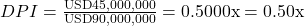 Rendered by QuickLaTeX.com DPI = \frac{\text{USD}45,000,000}{\text{USD}90,000,000} = 0.5000\text{x} = 0.50\text{x}