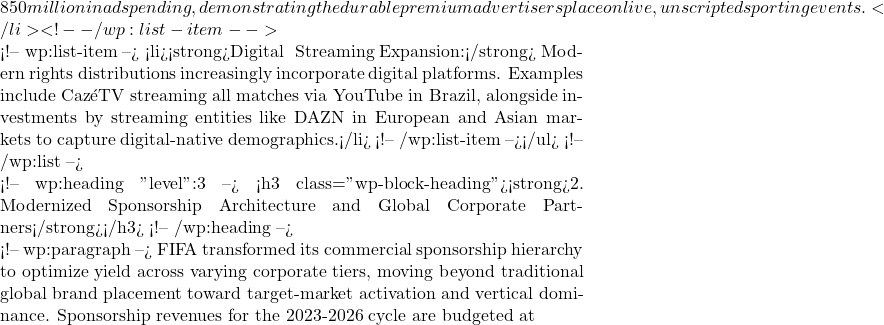 850 million in ad spending, demonstrating the durable premium advertisers place on live, unscripted sporting events.</li> <!-- /wp:list-item -->  <!-- wp:list-item --> <li><strong>Digital & Streaming Expansion:</strong> Modern rights distributions increasingly incorporate digital platforms. Examples include Caz&eacute;TV streaming all matches via YouTube in Brazil, alongside investments by streaming entities like DAZN in European and Asian markets to capture digital-native demographics.</li> <!-- /wp:list-item --></ul> <!-- /wp:list -->  <!-- wp:heading {"level":3} --> <h3 class="wp-block-heading"><strong>2. Modernized Sponsorship Architecture and Global Corporate Partners</strong></h3> <!-- /wp:heading -->  <!-- wp:paragraph --> FIFA transformed its commercial sponsorship hierarchy to optimize yield across varying corporate tiers, moving beyond traditional global brand placement toward target-market activation and vertical dominance. Sponsorship revenues for the 2023-2026 cycle are budgeted at