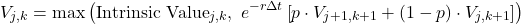 \[V_{j, k} = \max\left( \text{Intrinsic Value}_{j,k}, \,\, e^{-r \Delta t} \left[ p \cdot V_{j+1, k+1} + (1 - p) \cdot V_{j, k+1} \right] \right)\]