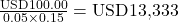 Rendered by QuickLaTeX.com \frac{\text{USD100.00}}{0.05 \times 0.15} = \text{USD13,333}