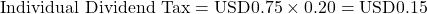 \[\text{Individual Dividend Tax} = \text{USD}0.75 \times 0.20 = \text{USD}0.15\]