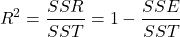 \[R^2 = \frac{SSR}{SST} = 1 - \frac{SSE}{SST}\]