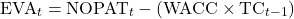 \[\text{EVA}_t = \text{NOPAT}_t - (\text{WACC} \times \text{TC}_{t-1})\]
