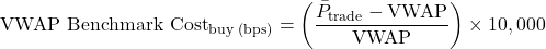 \[\text{VWAP Benchmark Cost}_{\text{buy (bps)}} = \left( \frac{\bar{P}_{\text{trade}} - \text{VWAP}}{\text{VWAP}} \right) \times 10,000\]