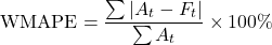 \[\text{WMAPE} = \frac{\sum \vert{} A_t - F_t \vert{}}{\sum A_t} \times 100\%\]