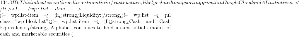 134.3B). This indicates continued investment in infrastructure, likely related to supporting growth in Google Cloud and AI initiatives.</li> <!-- /wp:list-item -->  <!-- wp:list-item --> <li><strong>Liquidity:</strong><!-- wp:list --> <ul class="wp-block-list"><!-- wp:list-item --> <li><strong>Cash and Cash Equivalents:</strong> Alphabet continues to hold a substantial amount of cash and marketable securities (