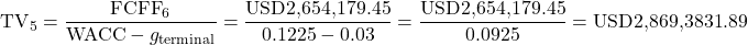 \[\text{TV}_5 = \frac{\text{FCFF}_6}{\text{WACC} - g_{\text{terminal}}} = \frac{\text{USD2,654,179.45}}{0.1225 - 0.03} = \frac{\text{USD2,654,179.45}}{0.0925} = \text{USD2,869,3831.89}\]