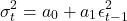 \[\sigma_t^2 = a_0 + a_1 \epsilon_{t-1}^2\]