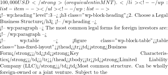100,000 USD</strong> (or equivalent in MNT).</li> <!-- /wp:list-item --></ul> <!-- /wp:list -->  <!-- wp:heading {"level":3} --> <h3 class="wp-block-heading">2. Choose a Legal Business Structure</h3> <!-- /wp:heading -->  <!-- wp:paragraph --> The most common legal forms for foreign investors are: <!-- /wp:paragraph -->  <!-- wp:table --> <figure class="wp-block-table"><table class="has-fixed-layout"><thead><tr><td><strong>Business Form</strong></td><td><strong>Key Characteristics</strong></td></tr></thead><tbody><tr><td><strong>Limited Liability Company (LLC)</strong></td><td>Most common structure. Can be wholly foreign-owned or a joint venture. Subject to the