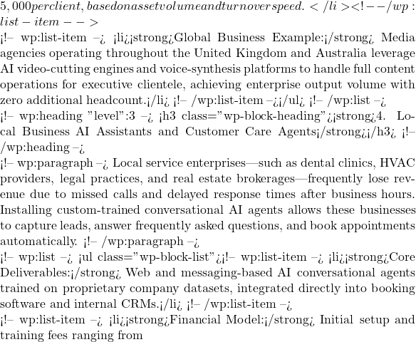5,000 per client, based on asset volume and turnover speed.</li> <!-- /wp:list-item -->  <!-- wp:list-item --> <li><strong>Global Business Example:</strong> Media agencies operating throughout the United Kingdom and Australia leverage AI video-cutting engines and voice-synthesis platforms to handle full content operations for executive clientele, achieving enterprise output volume with zero additional headcount.</li> <!-- /wp:list-item --></ul> <!-- /wp:list -->  <!-- wp:heading {"level":3} --> <h3 class="wp-block-heading"><strong>4. Local Business AI Assistants and Customer Care Agents</strong></h3> <!-- /wp:heading -->  <!-- wp:paragraph --> Local service enterprises—such as dental clinics, HVAC providers, legal practices, and real estate brokerages—frequently lose revenue due to missed calls and delayed response times after business hours. Installing custom-trained conversational AI agents allows these businesses to capture leads, answer frequently asked questions, and book appointments automatically. <!-- /wp:paragraph -->  <!-- wp:list --> <ul class="wp-block-list"><!-- wp:list-item --> <li><strong>Core Deliverables:</strong> Web and messaging-based AI conversational agents trained on proprietary company datasets, integrated directly into booking software and internal CRMs.</li> <!-- /wp:list-item -->  <!-- wp:list-item --> <li><strong>Financial Model:</strong> Initial setup and training fees ranging from