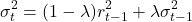 \[\sigma_t^2 = (1 - \lambda) r_{t-1}^2 + \lambda \sigma_{t-1}^2\]