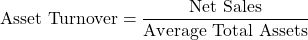 \[\text{Asset Turnover} = \frac{\text{Net Sales}}{\text{Average Total Assets}}\]