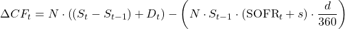 \[\Delta CF_t = N \cdot \left( (S_t - S_{t-1}) + D_t \right) - \left( N \cdot S_{t-1} \cdot (\text{SOFR}_t + s) \cdot \frac{d}{360} \right)\]