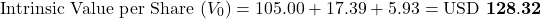 \[\text{Intrinsic Value per Share } (V_0) = 105.00 + 17.39 + 5.93 = \mathbf{\text{USD } 128.32}\]