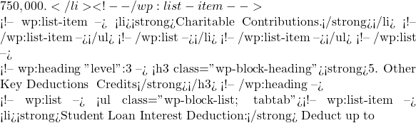 750,000.</li> <!-- /wp:list-item -->  <!-- wp:list-item --> <li><strong>Charitable Contributions.</strong></li> <!-- /wp:list-item --></ul> <!-- /wp:list --></li> <!-- /wp:list-item --></ul> <!-- /wp:list -->  <!-- wp:heading {"level":3} --> <h3 class="wp-block-heading"><strong>5. Other Key Deductions & Credits</strong></h3> <!-- /wp:heading -->  <!-- wp:list --> <ul class="wp-block-list; tabtab"><!-- wp:list-item --> <li><strong>Student Loan Interest Deduction:</strong> Deduct up to